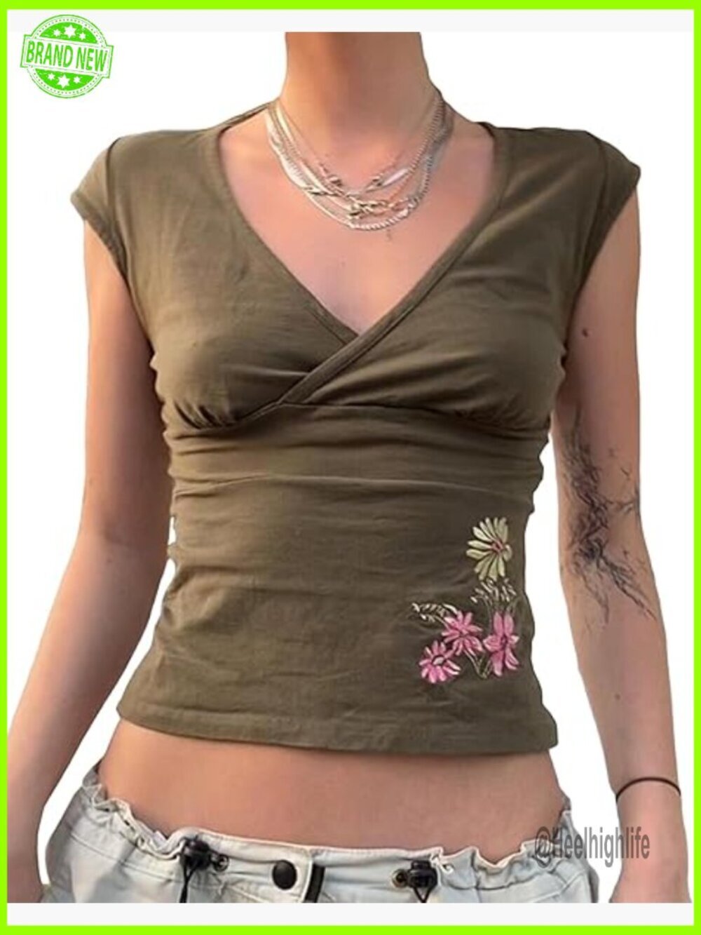 Floral Embroidered Cap Sleeve Wrap V Neck Crop Top